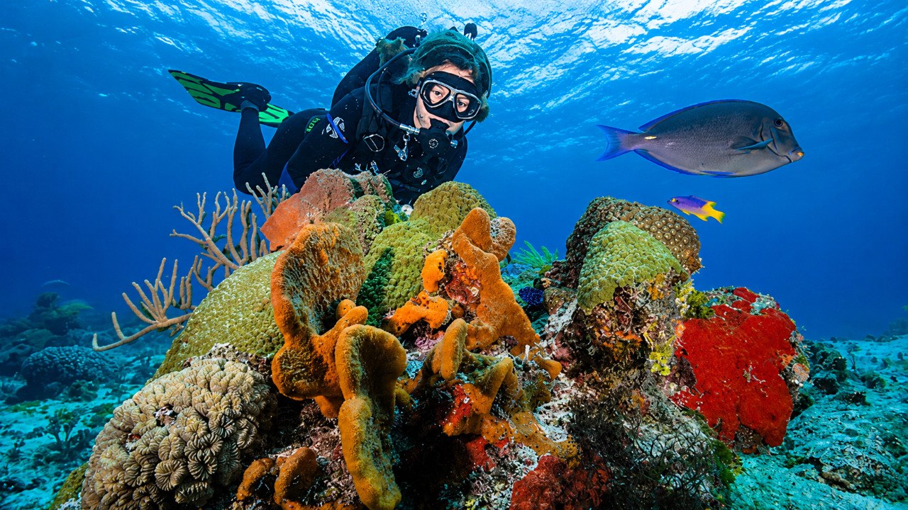 Arrecife de Cozumel con corales y peces para buceo de principiantes