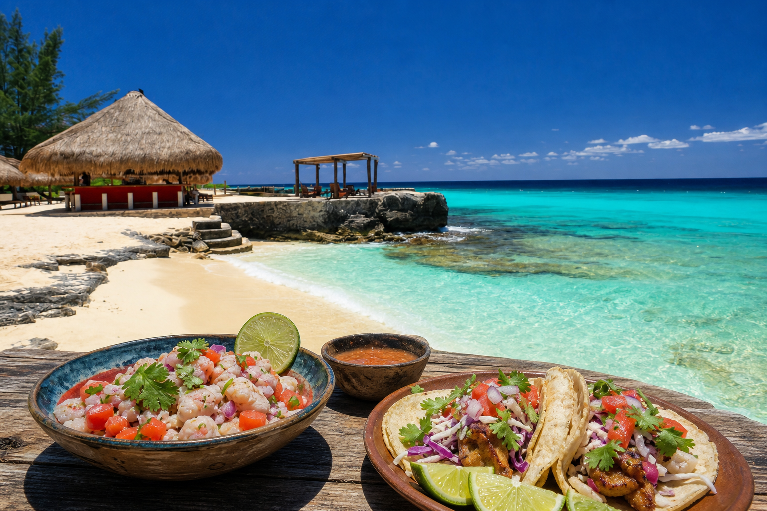 Club de playa en Cozumel con ceviche y tacos mexicanos frente al mar