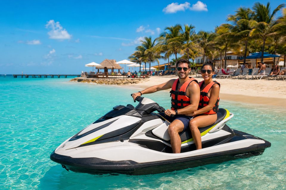 Dos personas en jet ski frente a un club de playa en Cozumel